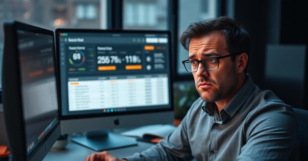 Gestor frustrado olhando CRM confuso com oportunidades travadas