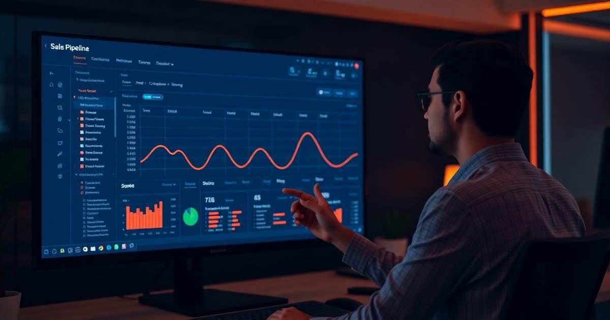 Gestor comercial analisando pipeline e dashboard de vendas em escritório moderno