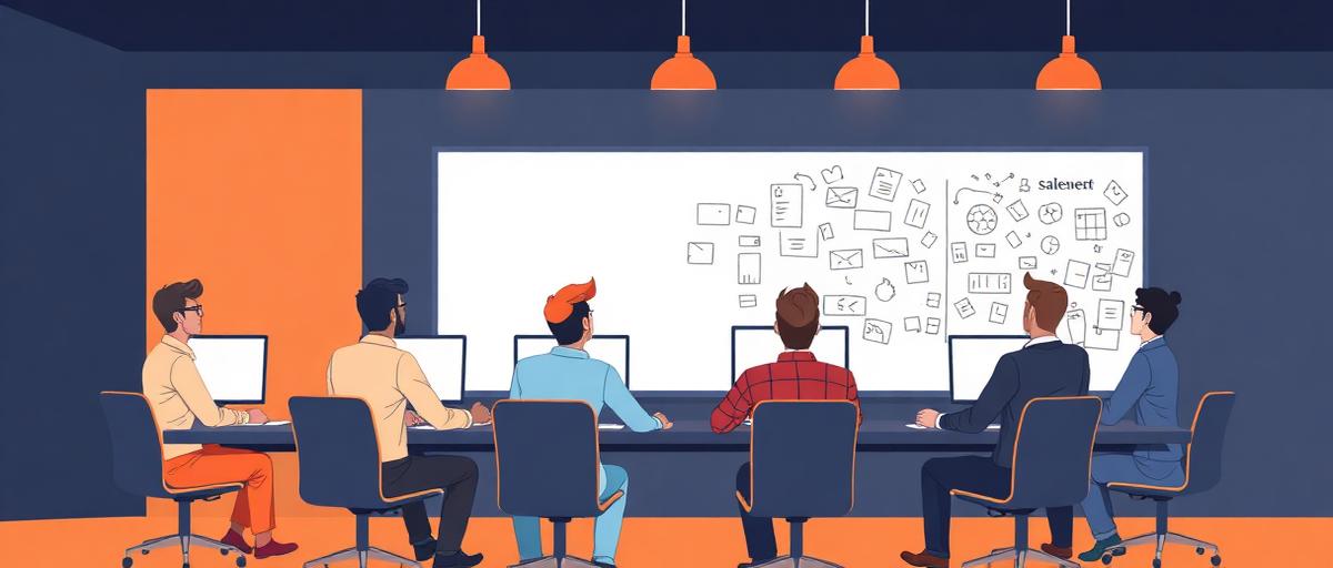 Time de vendas B2B desalinhado em reunião, cada um olhando para telas diferentes