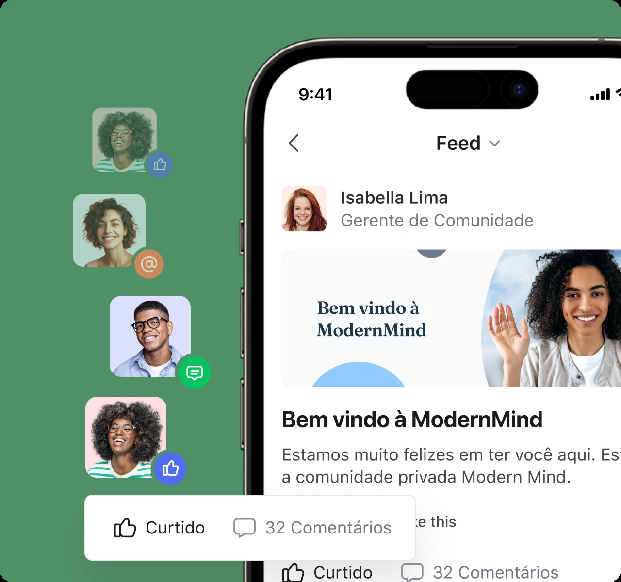 Imagem oficial do Circle com feed, publicações e comentários de uma comunidade no celular