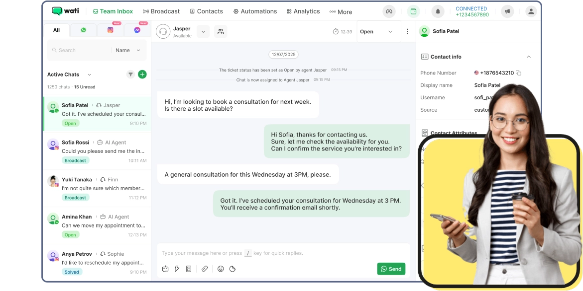 Caixa compartilhada da Wati com conversas, responsáveis e informações do contato